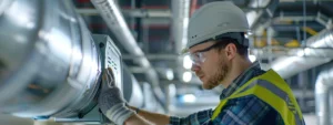 a technician installing a sleek, modern hvac system in a commercial building.