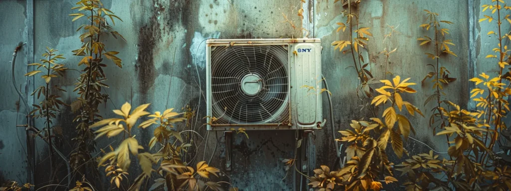 a dusty, neglected air conditioning unit surrounded by wilted plants and a grimy filter, hinting at the need for maintenance or replacement.